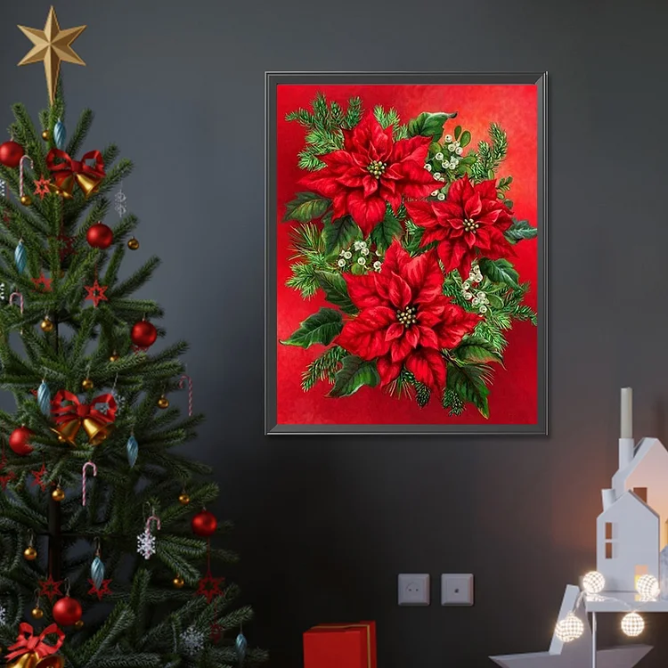 Christmas Decor, Diamond Painting, Christmas Poinsettia Wall Art