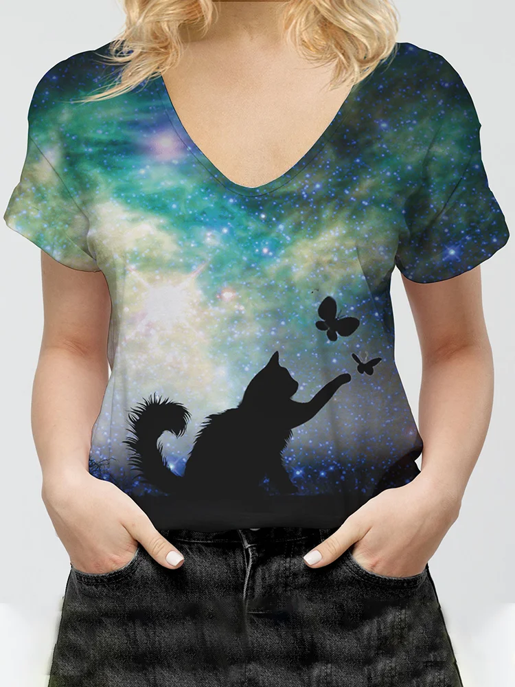 Cat And Butterfly Printed V-Neck Casual Tee