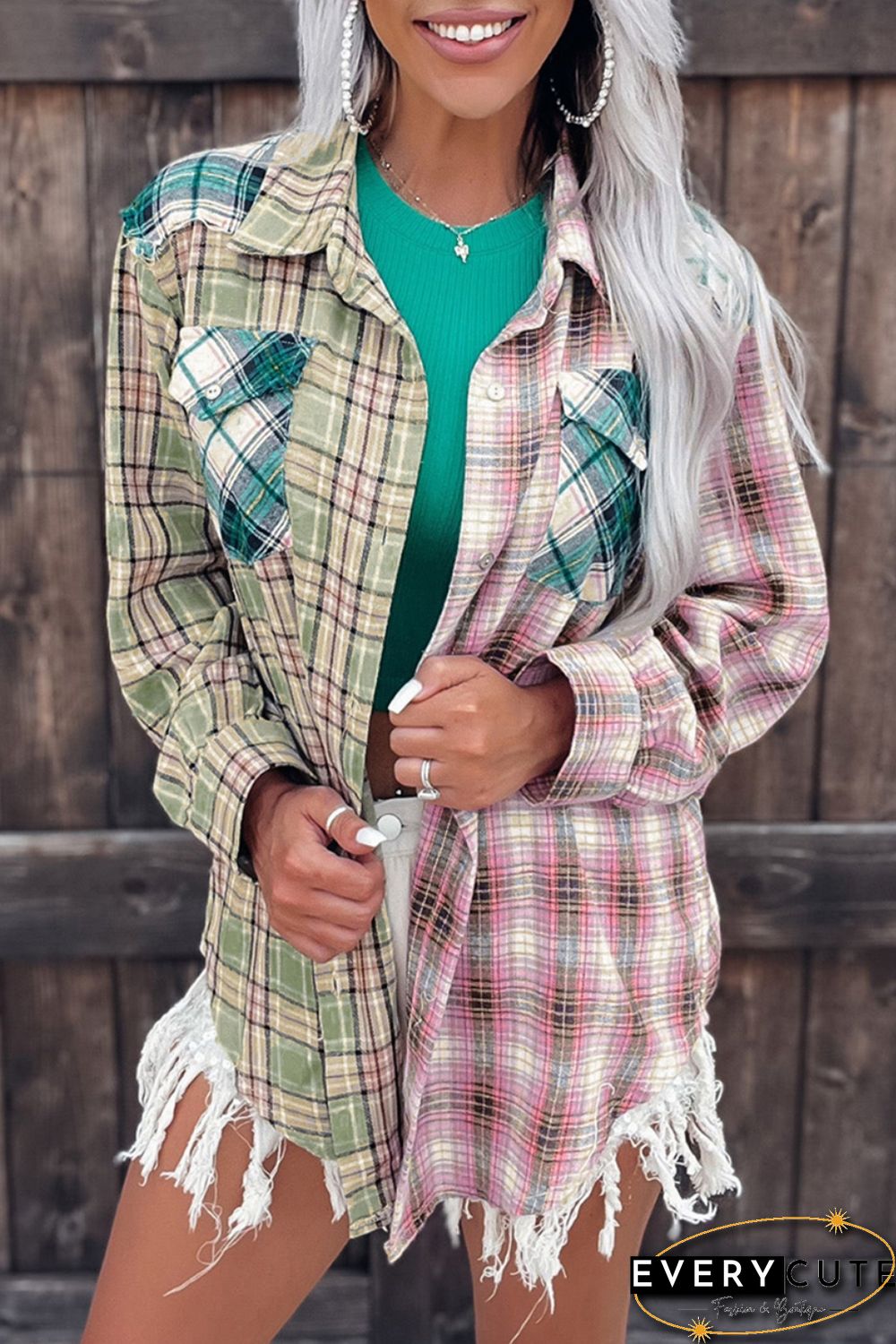 Multicolor Plaid Patchwork Front Pockets Long Sleeve Shirt