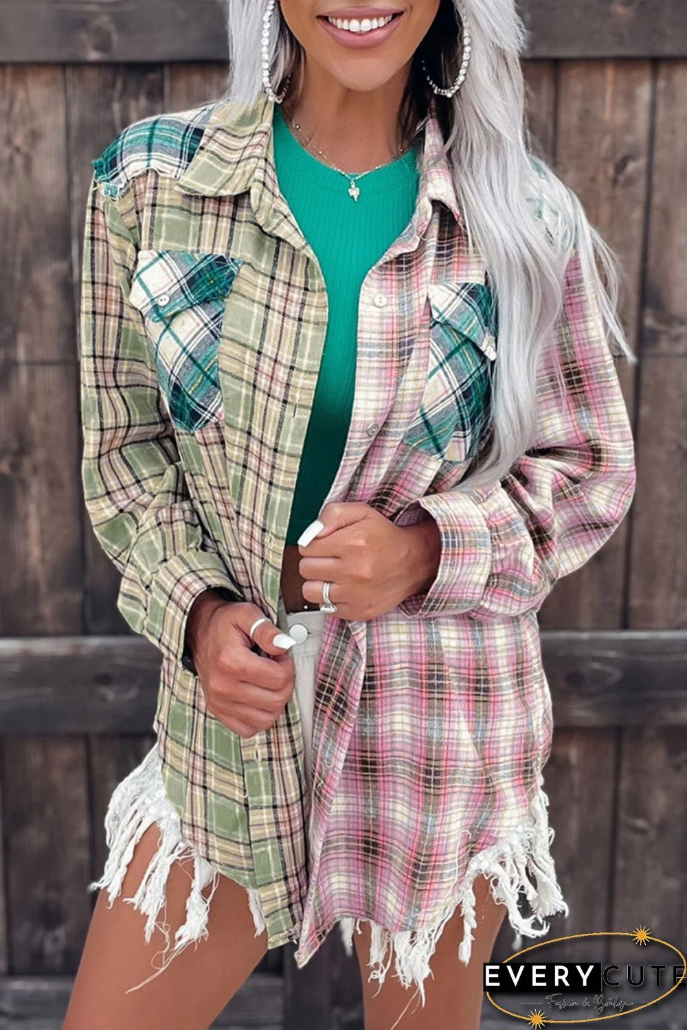 Multicolor Plaid Patchwork Front Pockets Long Sleeve Shirt