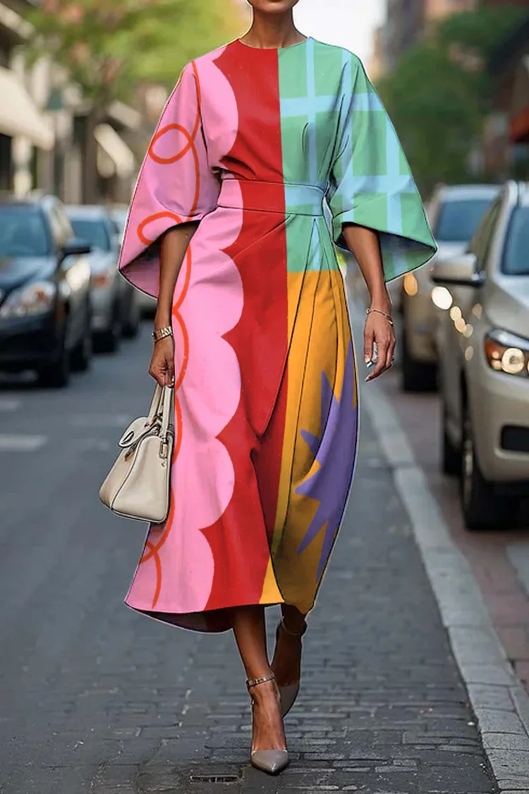 Women's Elegant Geometric Art Print Midi Dress