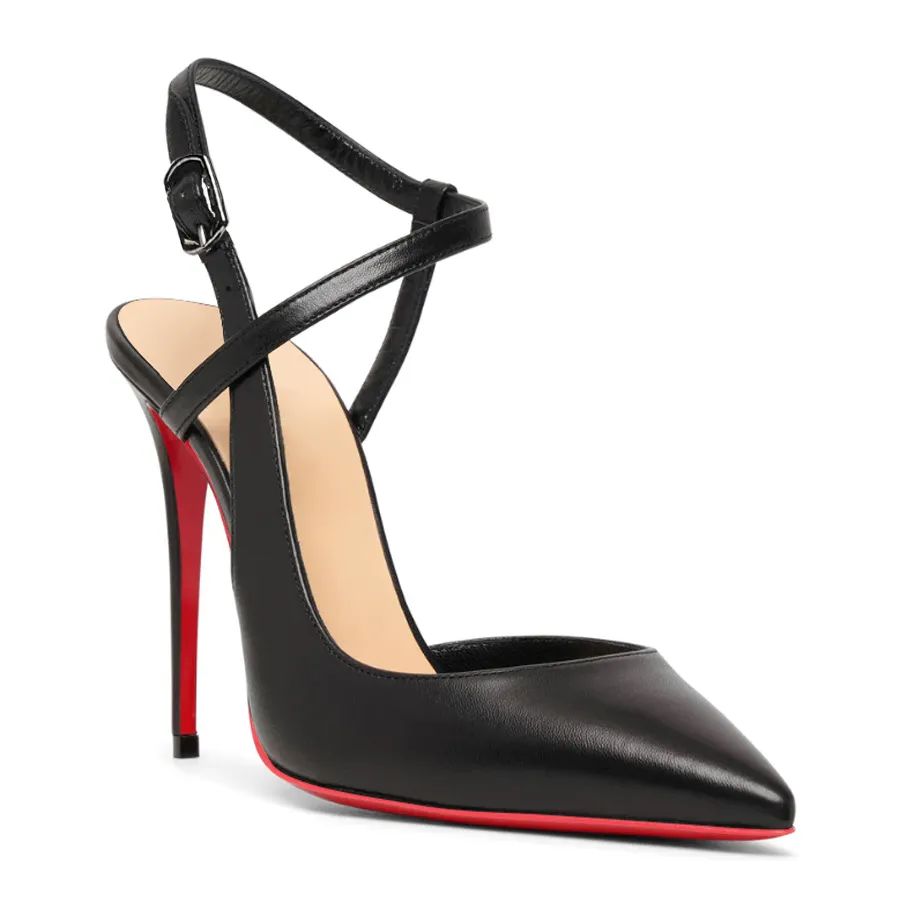 100mm Women Slingback Pumps Ankle Strap Jenlove Stiletto Mid Heel Close Pointed Toe Dress Red Soles-vocosishoes