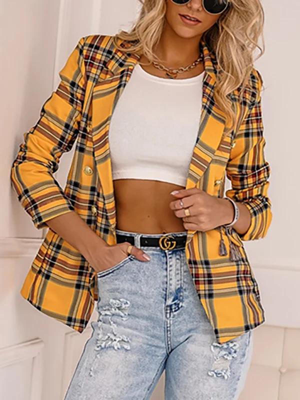 Long Sleeves Loose Buttoned Plaid Pockets Notched Collar Blazer Outerwear