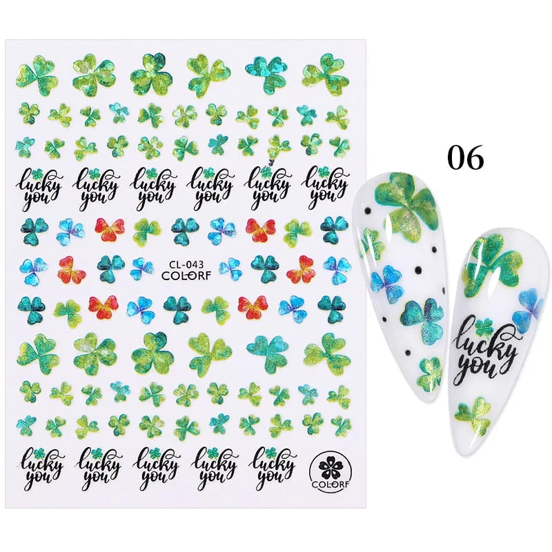 3D Nail Stickers Fan Leaf Dried Flower Shiny Sliders Nail Art Decorations Lucky Clover Fashion Foil Manicures