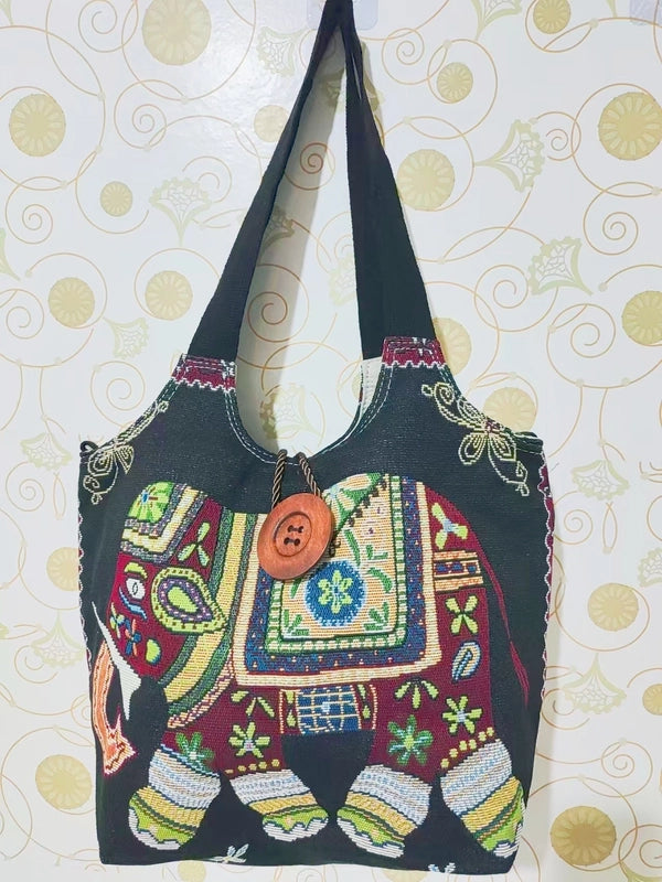 Women’s Large Canvas Elephant Ethnic Style Square Zipper Shoulder Bag