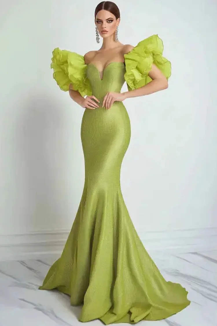 Off The Shoulder Ruffle Sleeve Mermaid Maxi Dress-Green [Custom-Made]