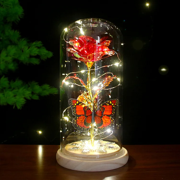 Colorful Butterfly Glass Cover Led Light Rose Everlasting Flower