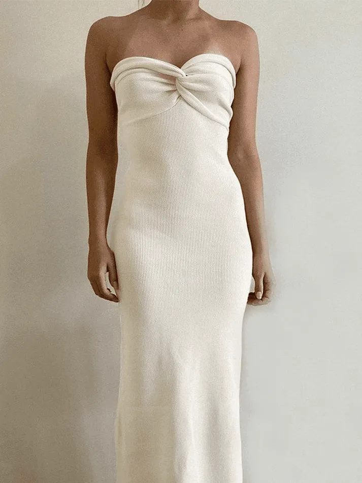 Brownm Knitted Twist Strapless Maxi Dress