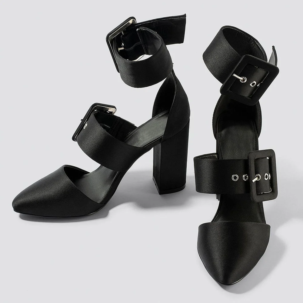 YDN Stylish Black Satin Almond Toe Buckle Strap Chunky Heels