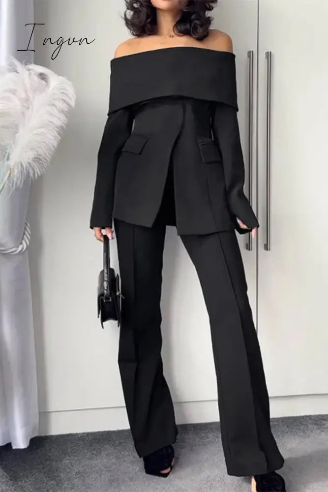 Ingvn - Elegant Solid Off The Shoulder Long Sleeve Two Pieces Black / S Pieces/Two-Piece Pants Set