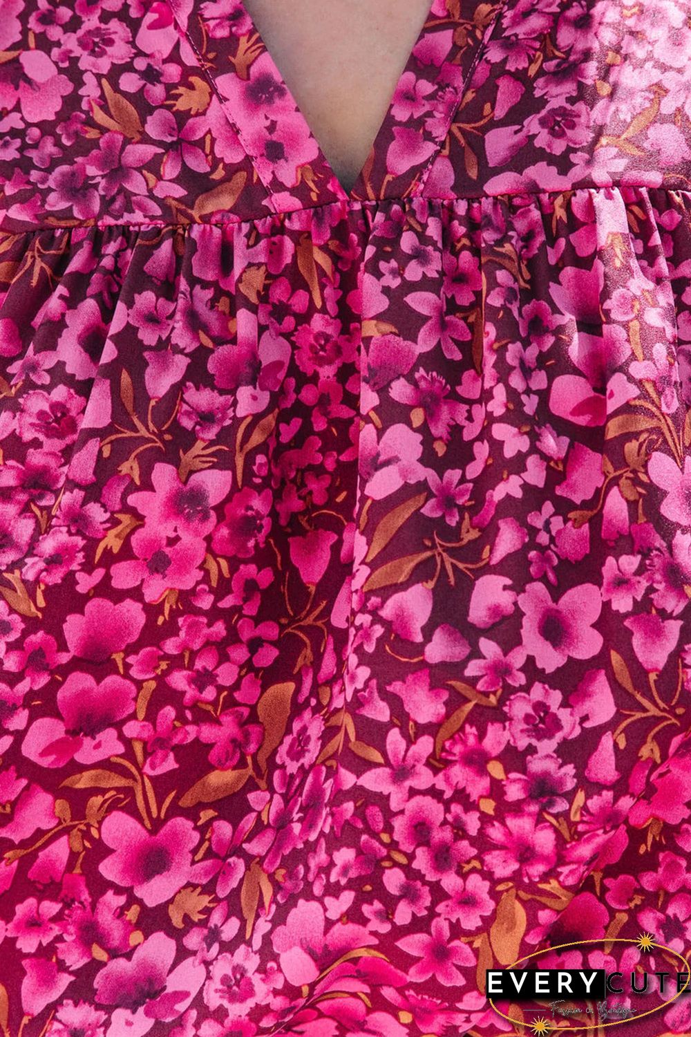 Rose Floral Print Tiered Flutter Sleeve V Neck Top