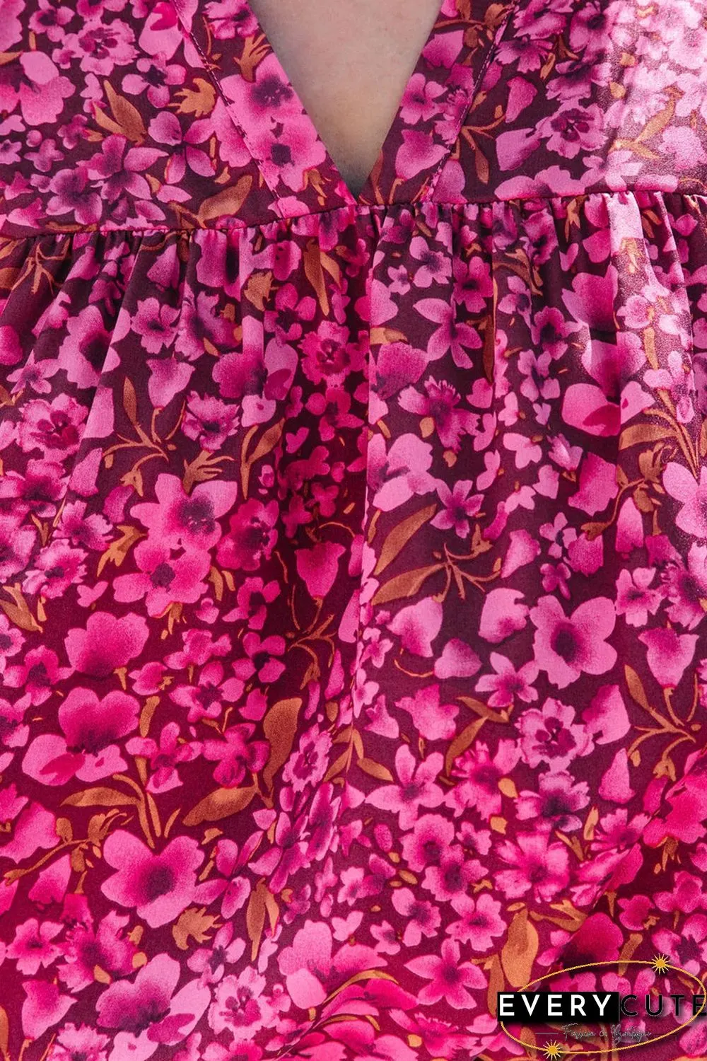 Rose Floral Print Tiered Flutter Sleeve V Neck Top