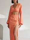 Simple V-Neck Long Sleeve Top&Split-Side Skirt Two-Piece Suit
