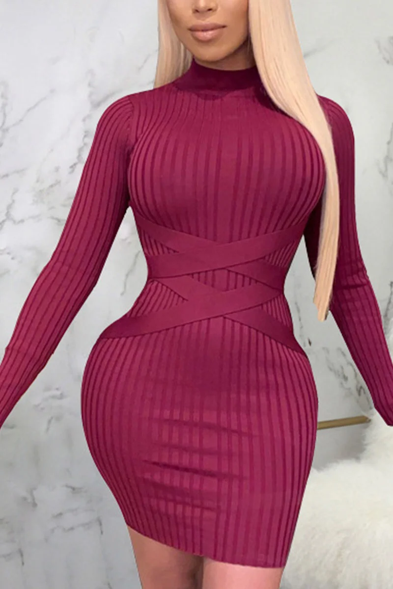 Wine Red Sexy Solid Patchwork O Neck Pencil Skirt Dresses