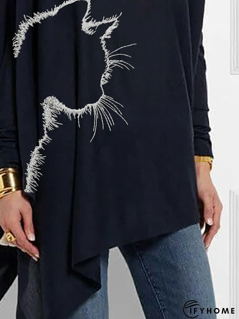 Boat Neck Cat Long Sleeve T-shirt | IFYHOME