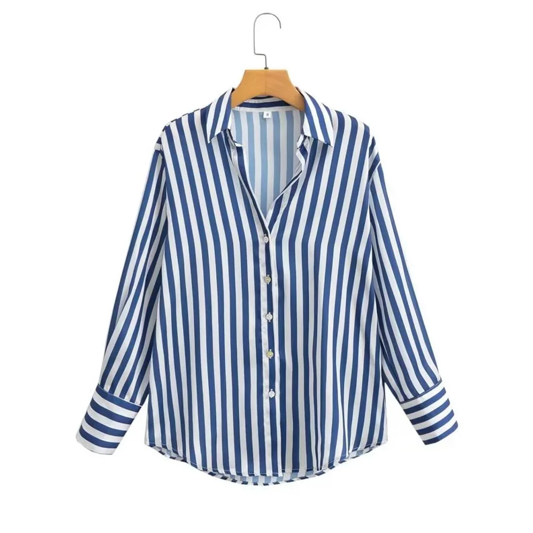 Nncharge CHIC Autumn Lapel Blue White Striped Print Bright Satin Shirt Women Single-Breasted Buttons Full Sleeve Loose Blouses Tops