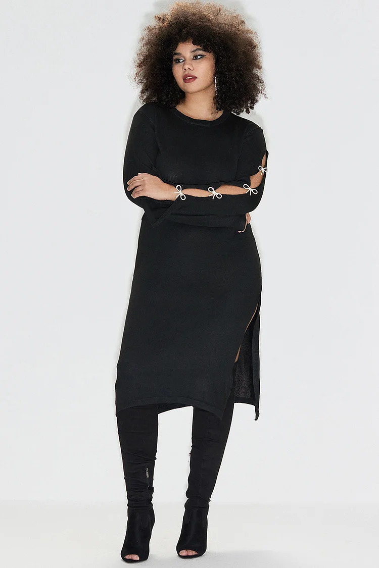 Plus Size Semi Formal Sweaters Black Fall Winter Crew Neck Long Sleeve Cut Out Knitted Midi Dress [Pre-Order]