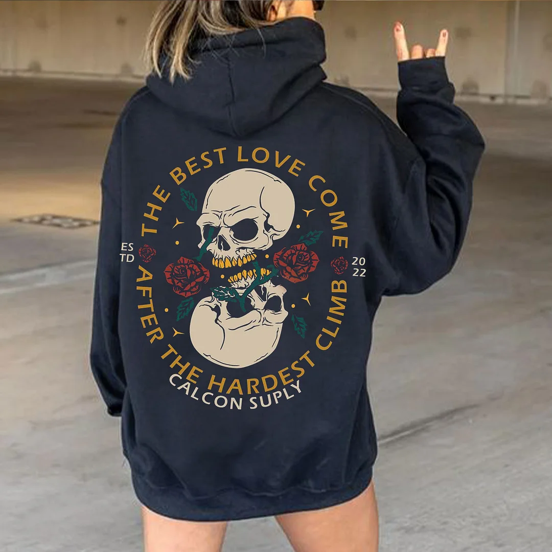 THE BEST LOVE COME Skulls Carrying Roses  Black Print Hoodie