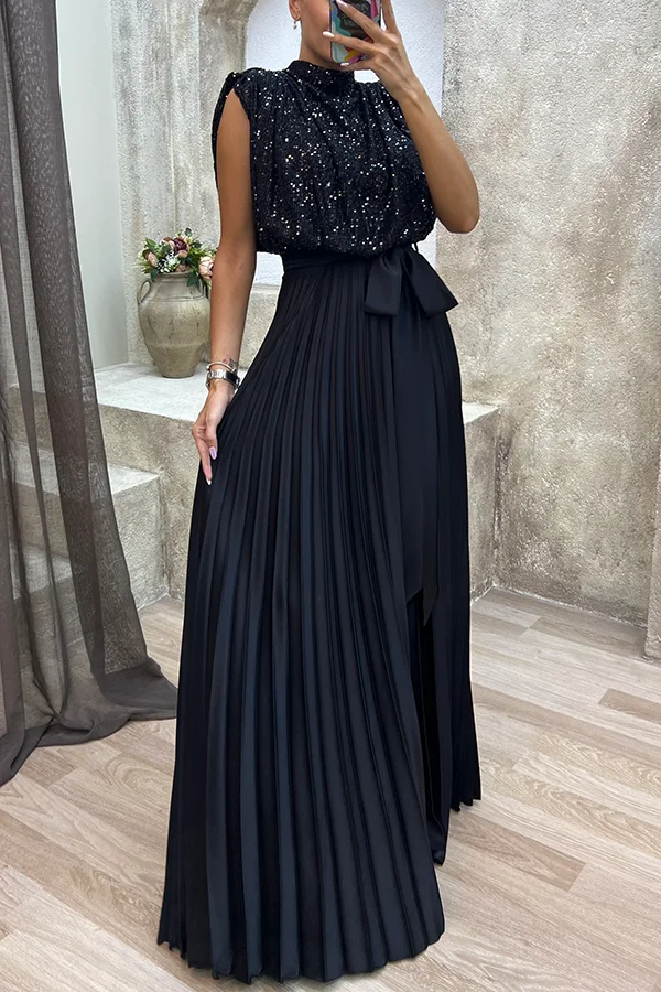 See You At The Party Sequin Patchwork Belt Pleated Maxi Dress