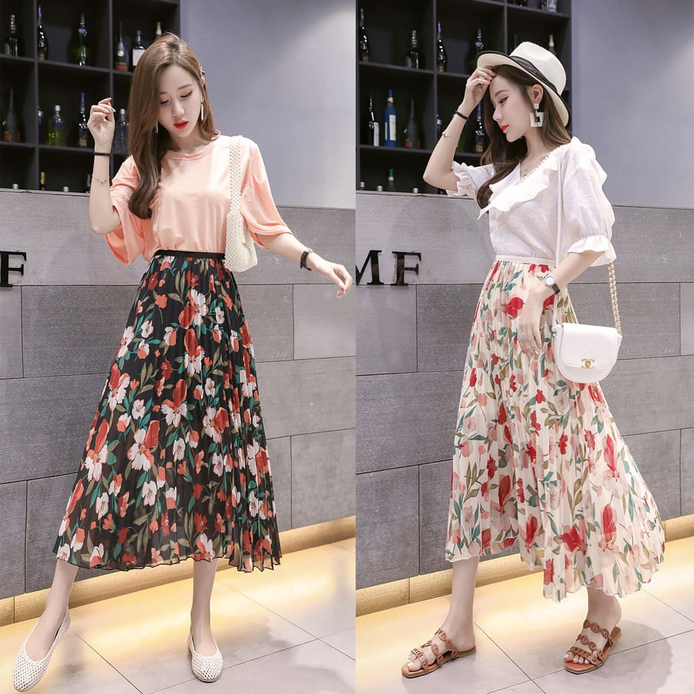  Fashion Women Floral Pleated Boho Midi Skirt High Waist Ladies Casual Summer Party Cocktail Wrap Skirt Sundress