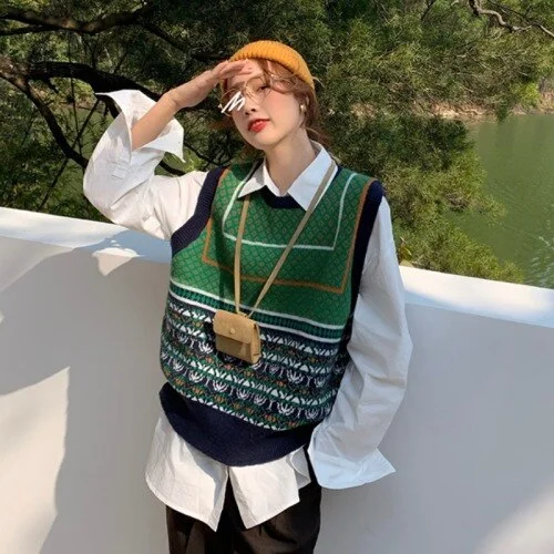 Spring New Patchwork Women Sweater Vest Design O-neck Students Lovely Leisure Outwear Knitted Korean Style Fashion Gentle Chic