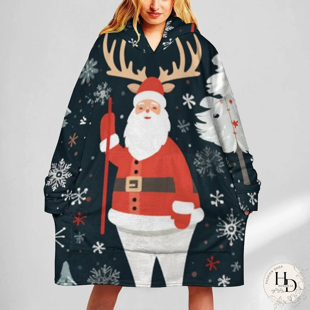 Oversized Wearable Blanket Christmas Print Hoodie With Pocket