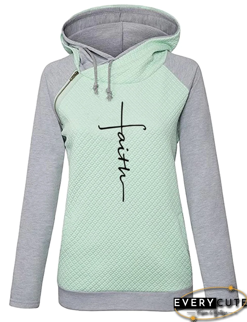 Grey Splice Light Green Letter Print Drawstring Hoodie