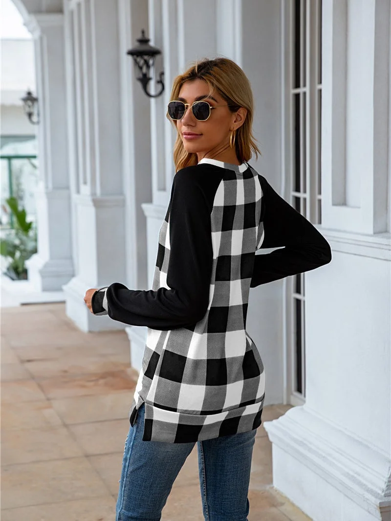 Plaid O-Neck Splicing Cardigan Women's Sweatshirt