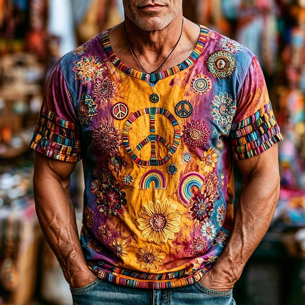 Comstylish Men's Hippie Peace Symbol And Floral Embroidery Art Distressed Gradient Embroidery Crew Neck Short Sleeve Top
