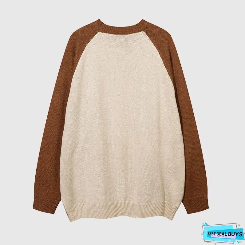 Color Contrast Dinosaur Patchwork Design Knit Pullover