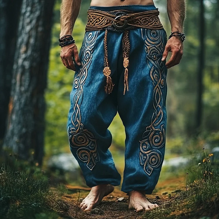 Tribal Viking Celtic Embroidery Art Linen Long Loose Wide-leg Pants