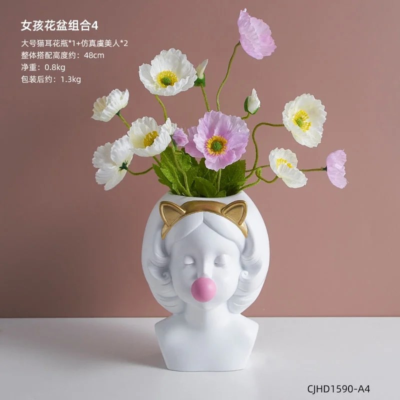 Nordic style girl flower pot plant resin flower pot rabbit ear/cat ear girl potted modern living room decoration decoration gift