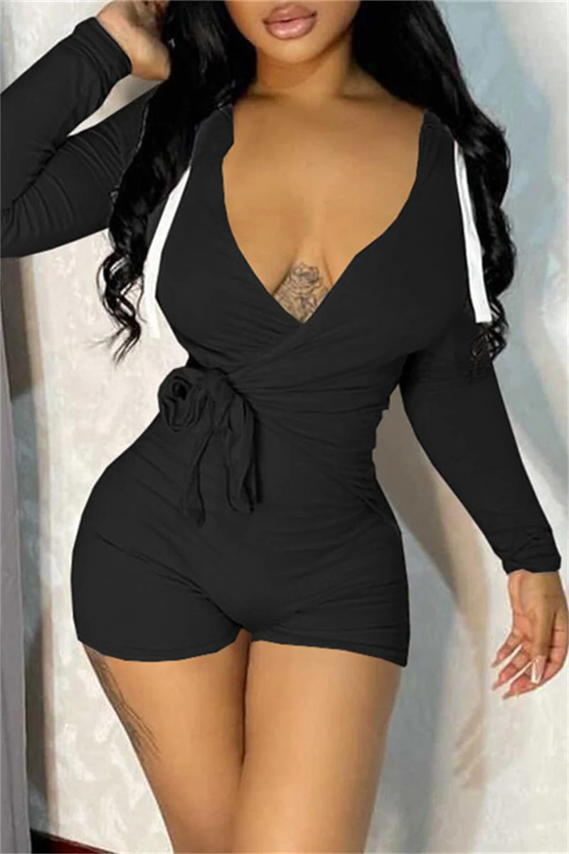Fashion Casual Solid Bandage V Neck Long Sleeve Skinny Romper