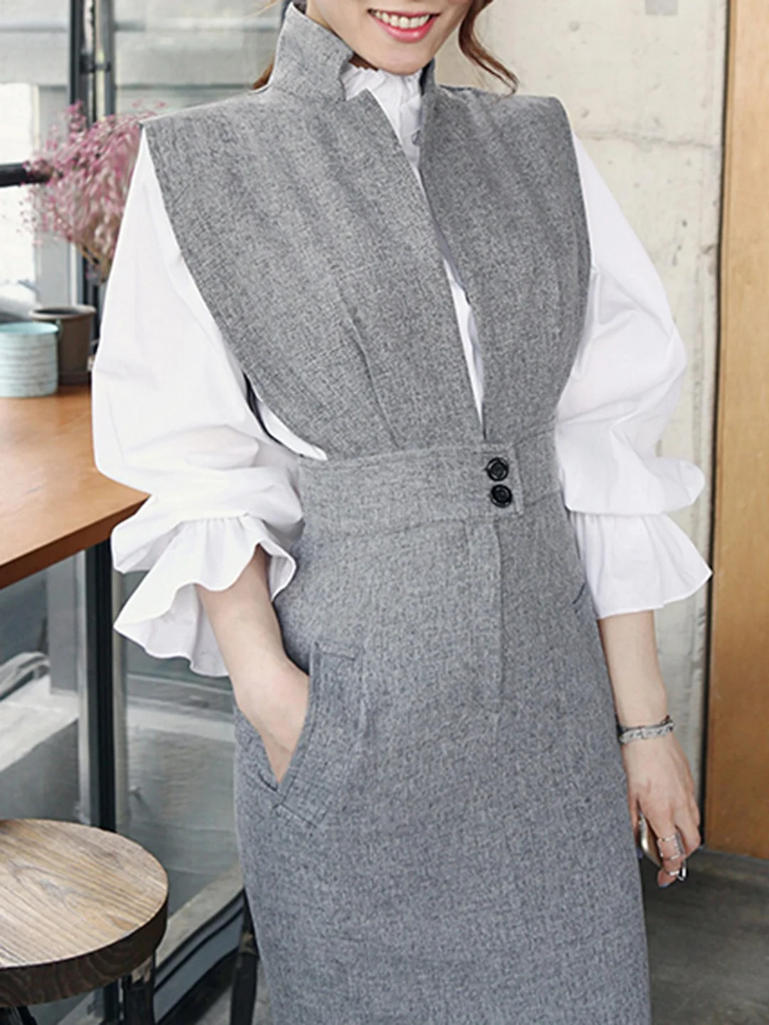 Stand Collar Gray Bodycon Work Elegant Midi Dress