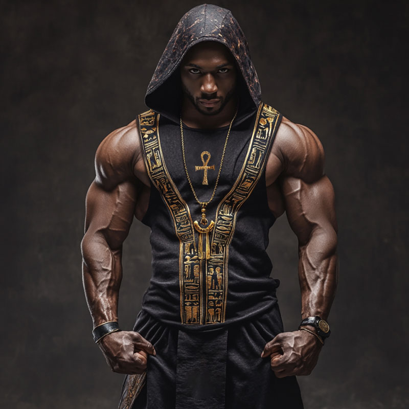 Comstylish Men's Ankh Ancient Egyptian Embroidered Hooded Linen Tank