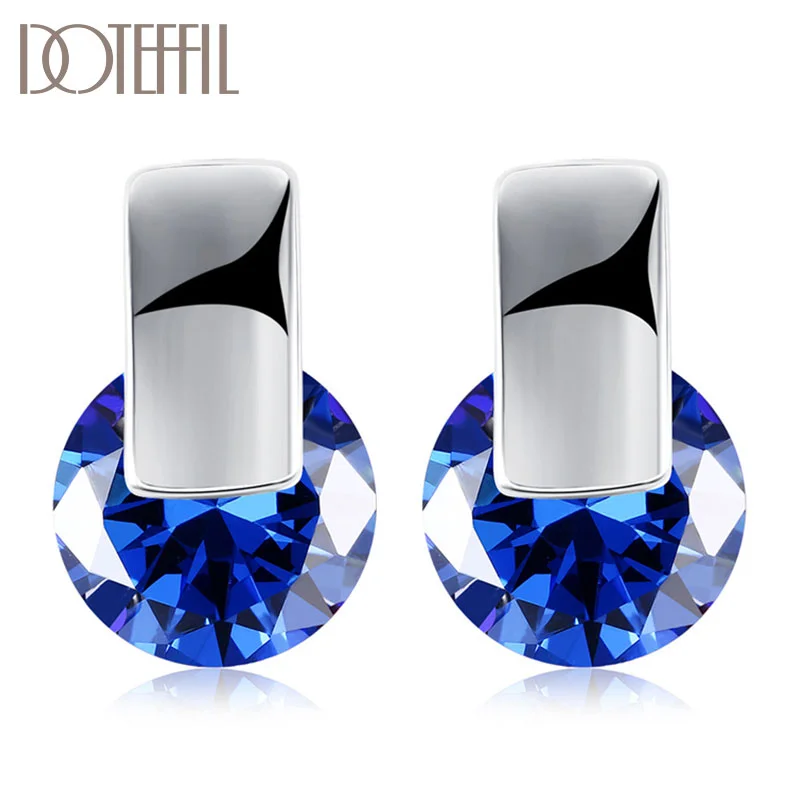 DOTEFFIL 925 Sterling Silver/18K Gold AAA Zircon Blue/White Earrings For Women Jewelry 