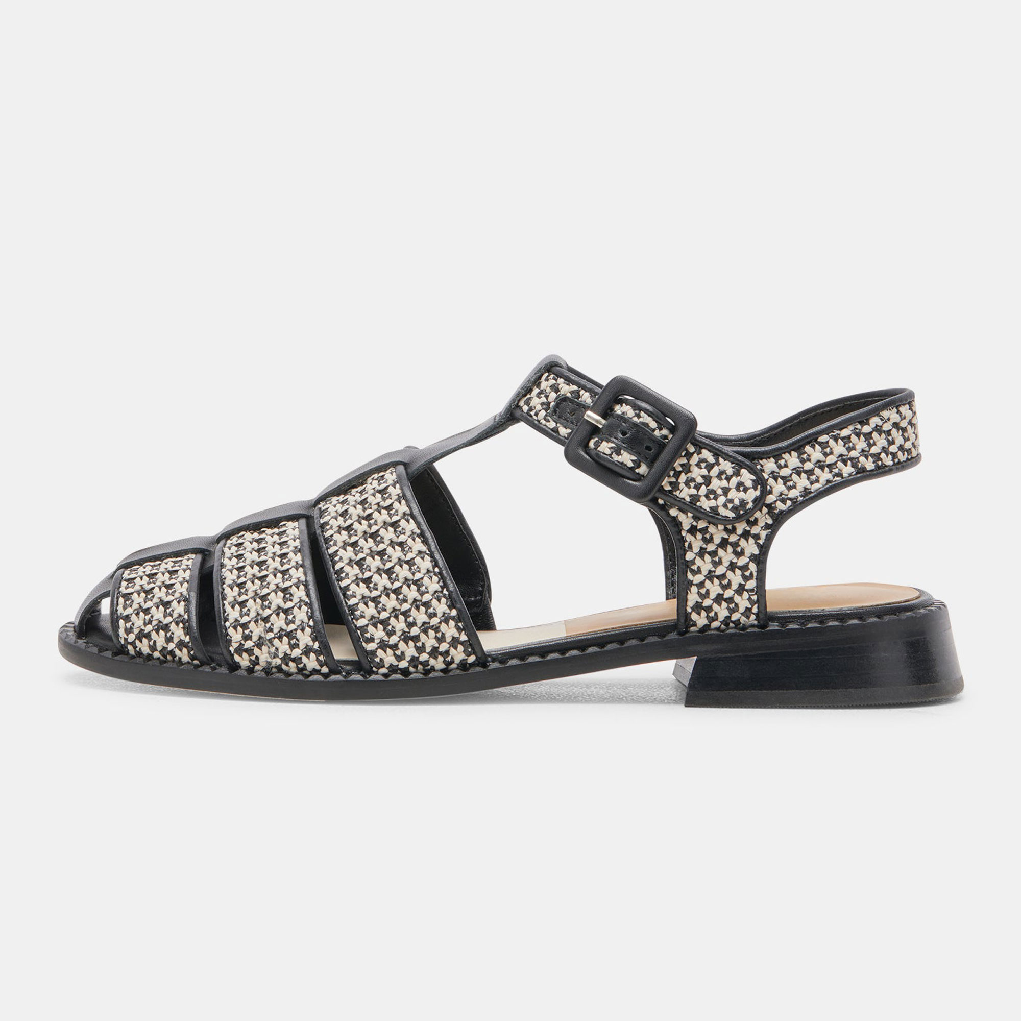 Black & White Raffia Closed Round Toe Flat Sandals for Women Nicepairs