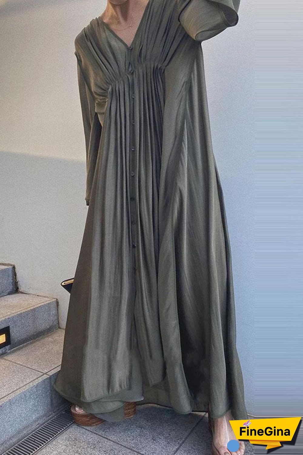 Fashion Street Solid Split Joint V Neck A Line Dresses