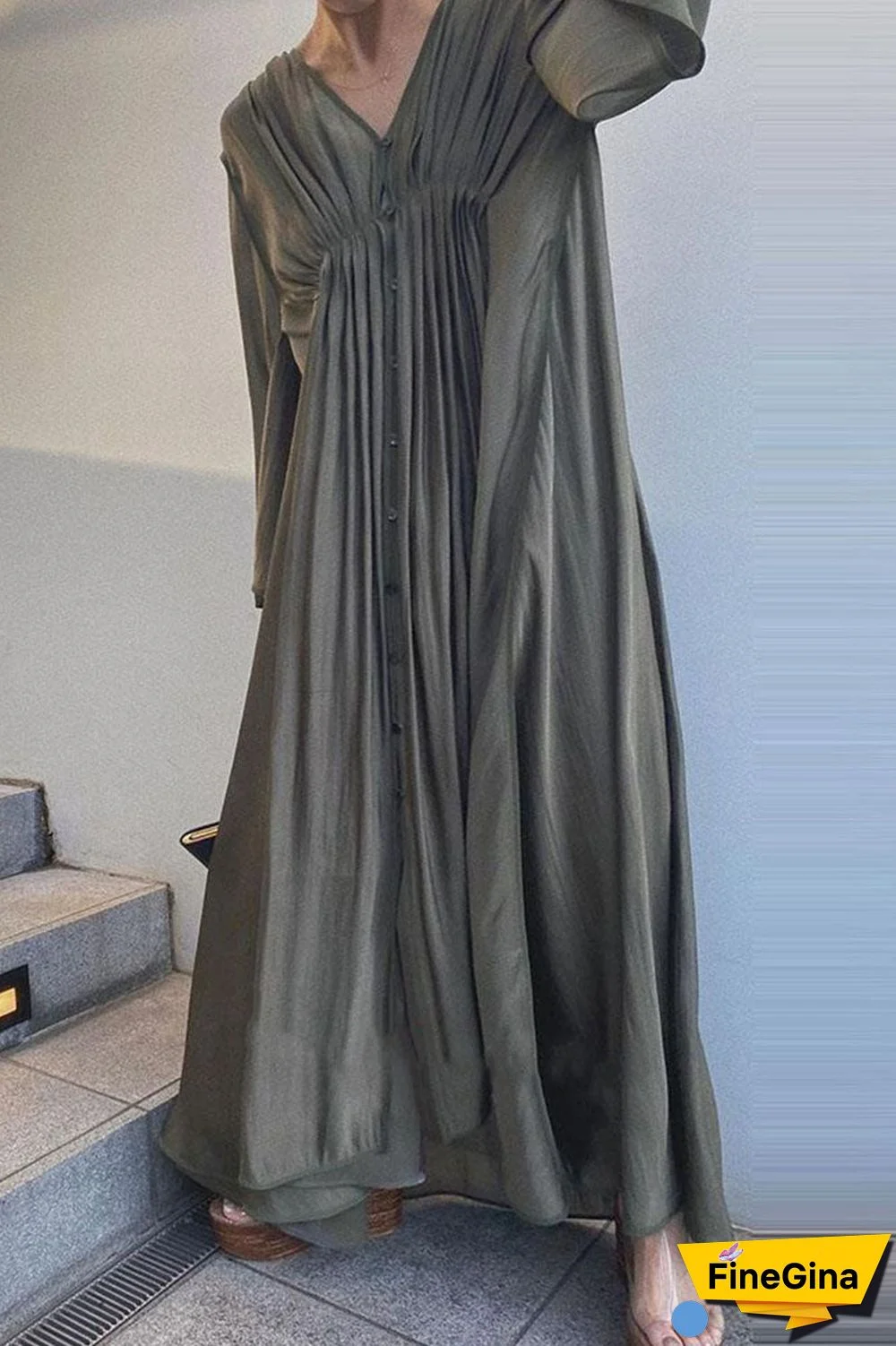 Fashion Street Solid Split Joint V Neck A Line Dresses