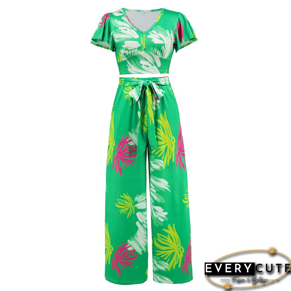 Green Printed V Neck Crop and Wide Leg Pant Set