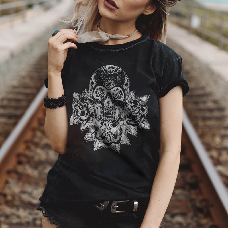 Skull flower print loose black T-shirt designer
