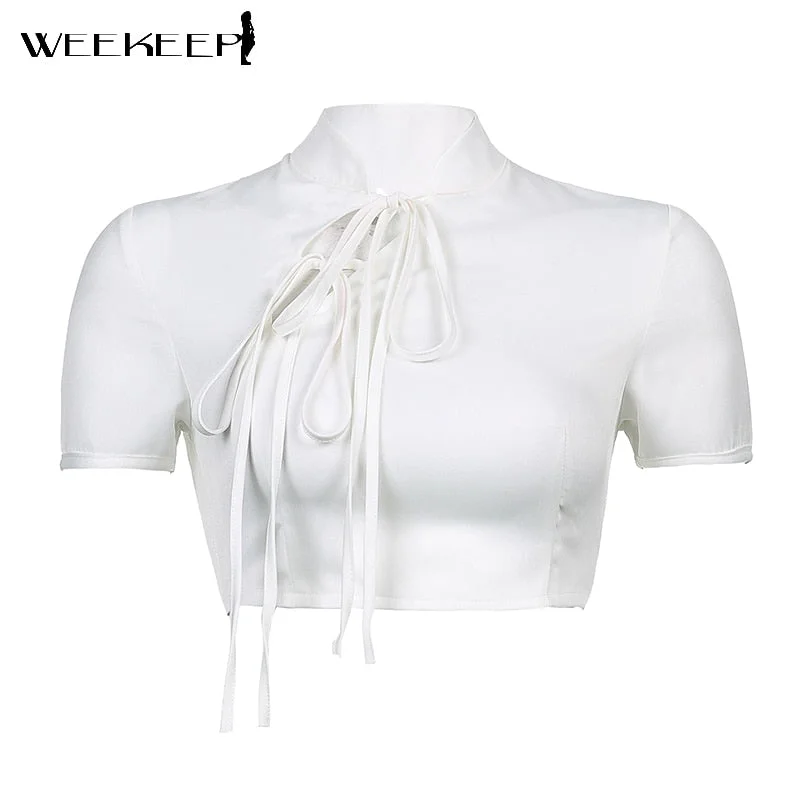 Weekeep White Bandage Chinese Style T-Shirt Women Short Sleeve Turtleneck Hollow Out Sexy Crop Top Summer 2021 Elegant Solid Tee