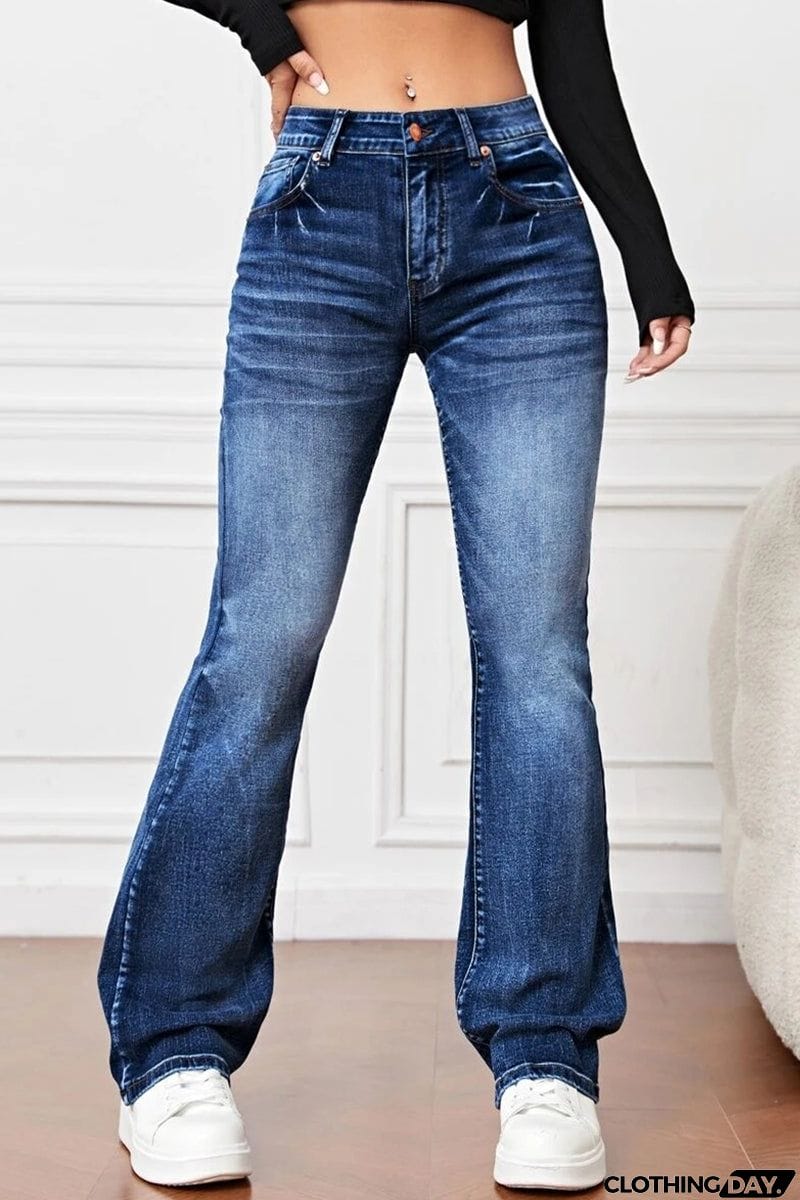 Casual Solid Pocket High Waist Denim Jeans