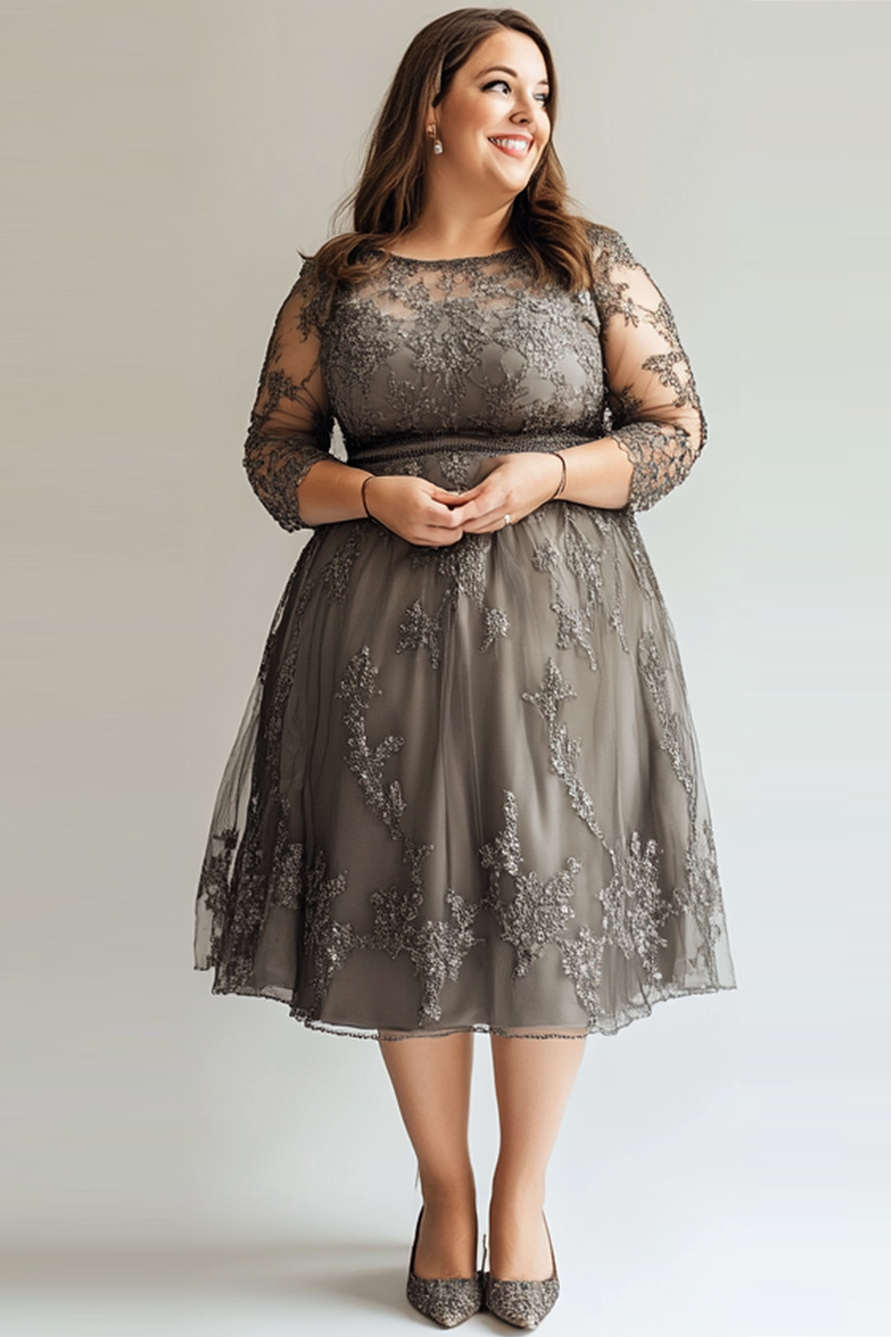 Flycurvy Plus Size Mother Of The Bride Grey Mesh Lace 3/4 Sleeve Tea-Legnth Dress