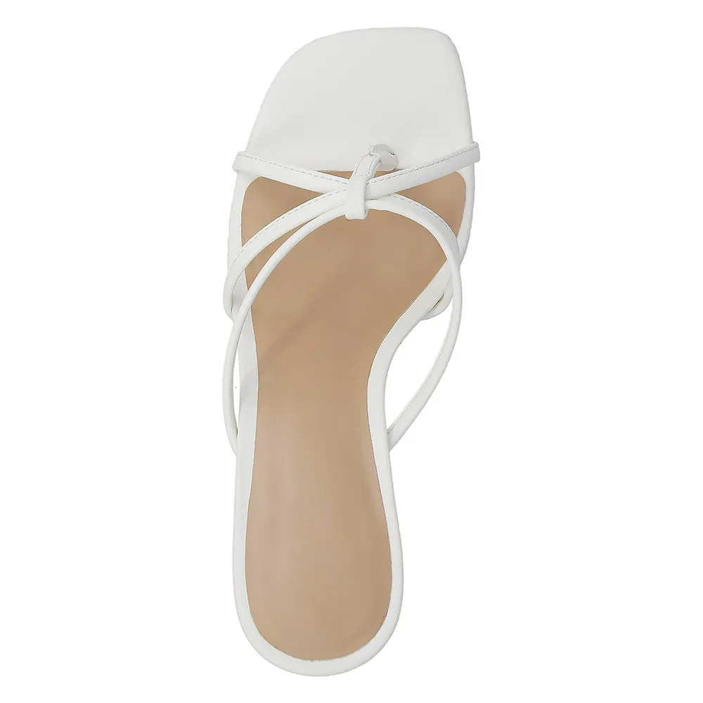 Square Toe High Heel Slip On Strappy Flip Flop White Sandals with Knot