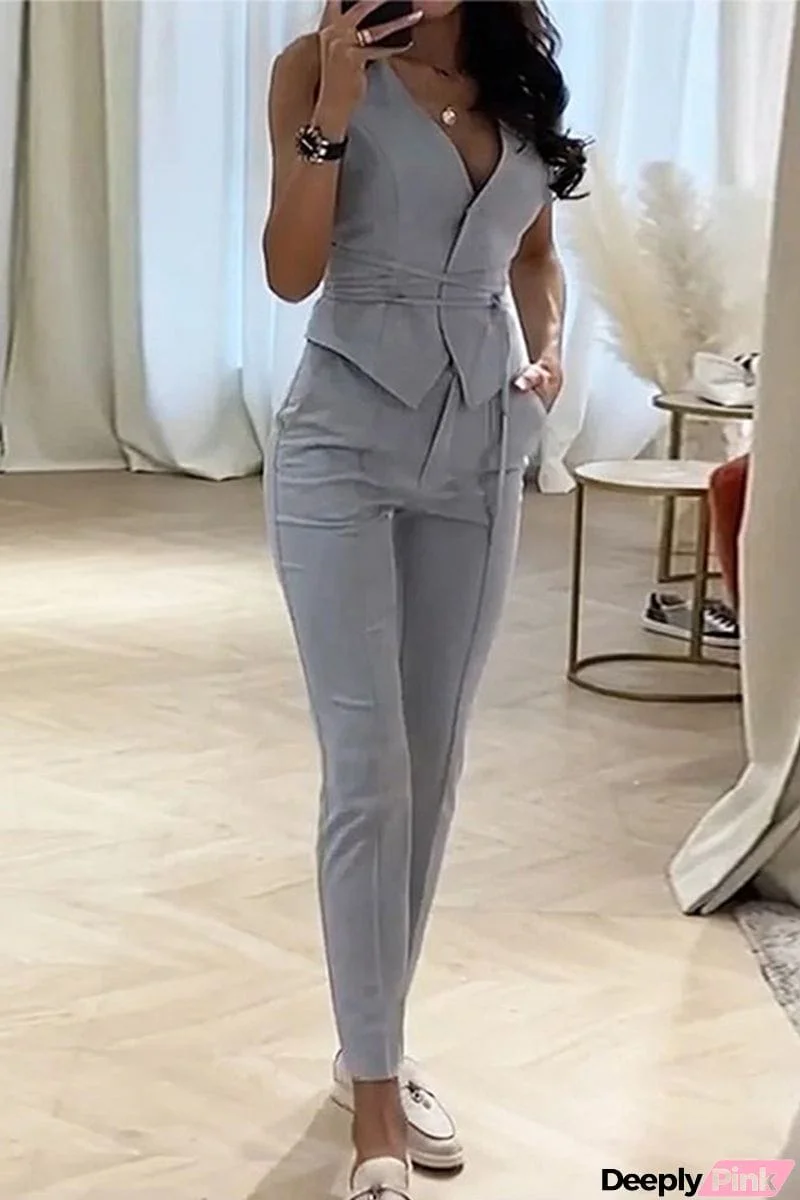 Sexy Work Solid V Neck Sleeveless Two Pieces