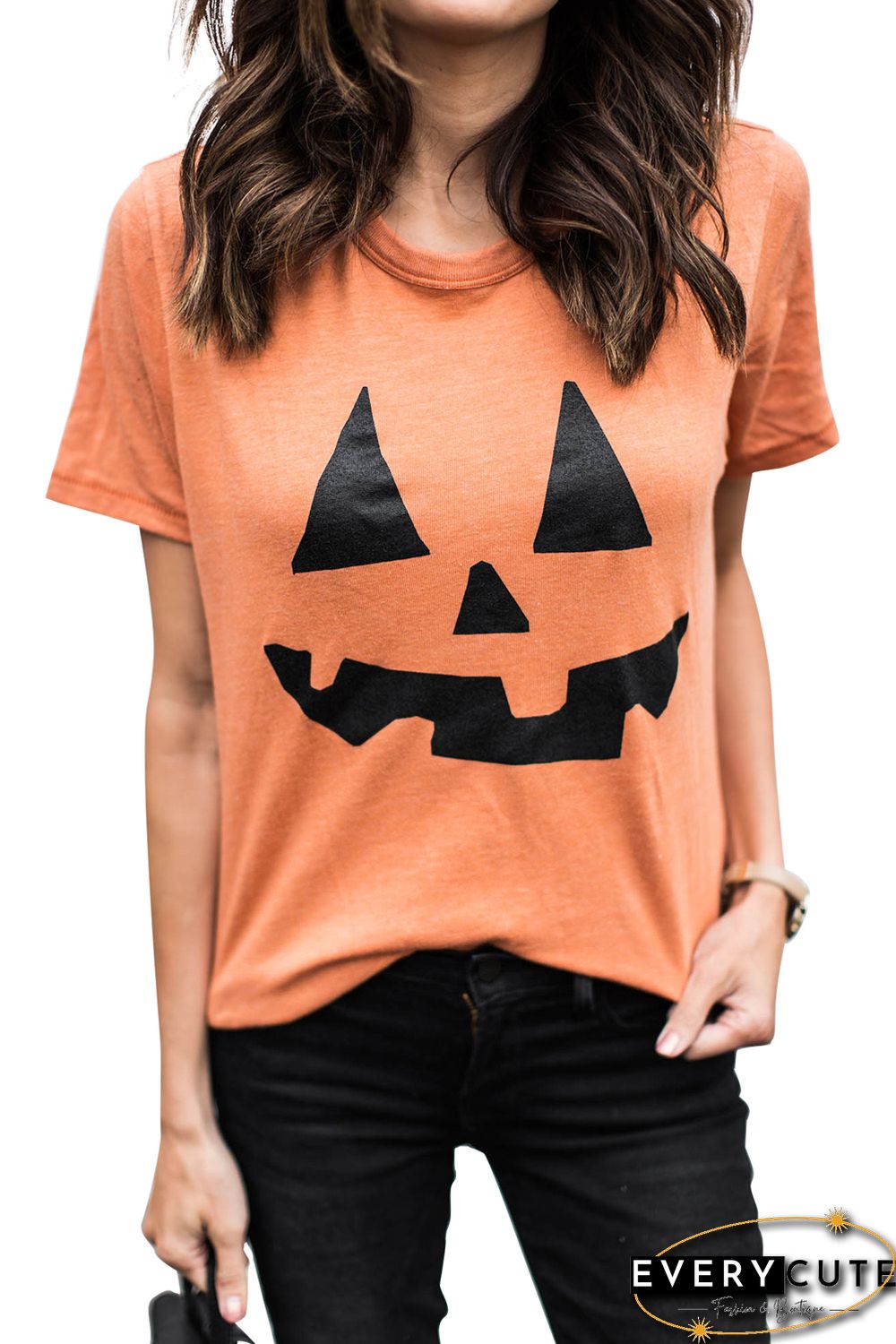 Round Neck Short Sleeve Pumpkin Pattern Orange T-shirt