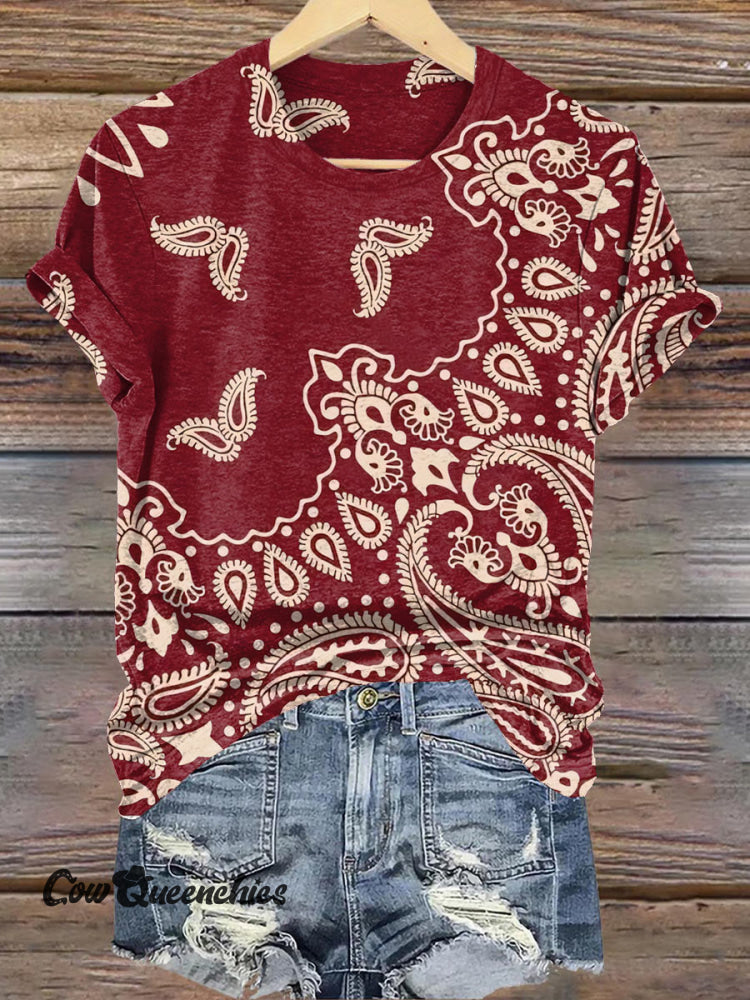 Burgundy Bohemian Print Casual T-Shirt Red / S