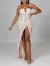 Fashion Beaded Decorate V-Neck Split-Side Sexy Maxi Dress