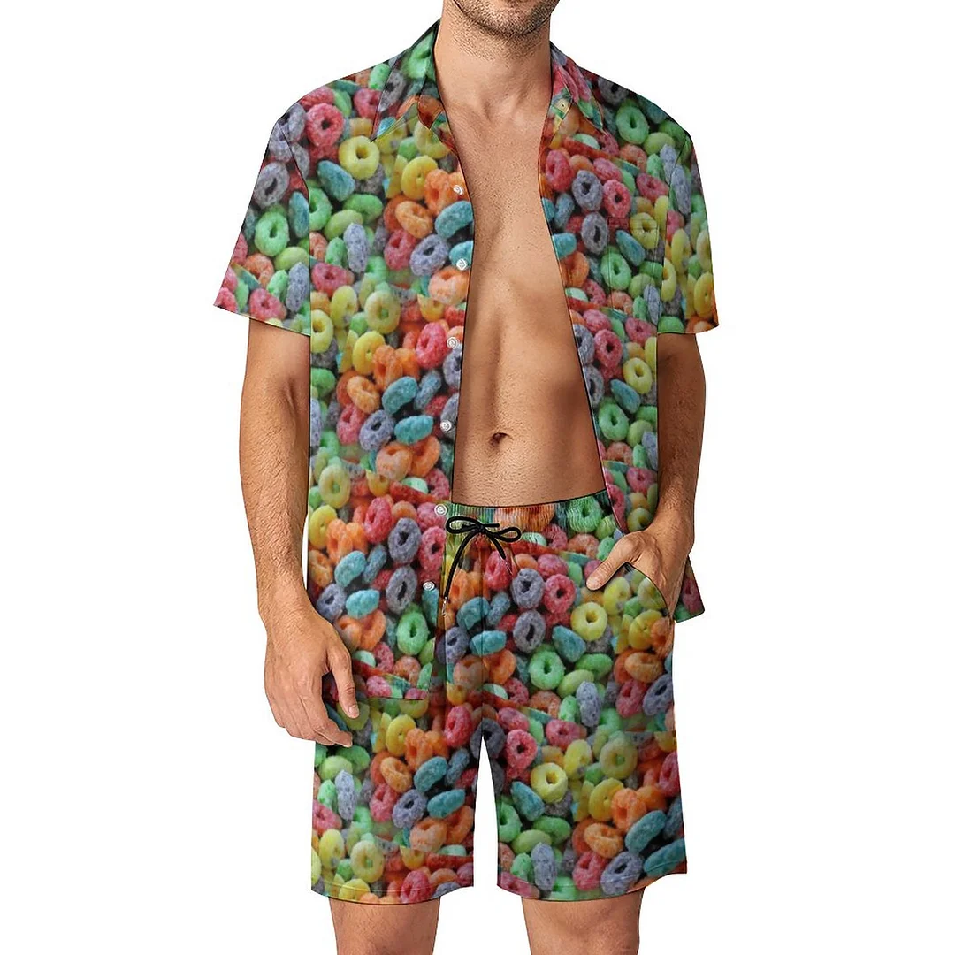 lady Fruity Cereal Fruit Loops Men Hawaiian 2 Piece Outfit Vintage Button Down Beach Shirt Shorts Set Tracksuit with Pockets